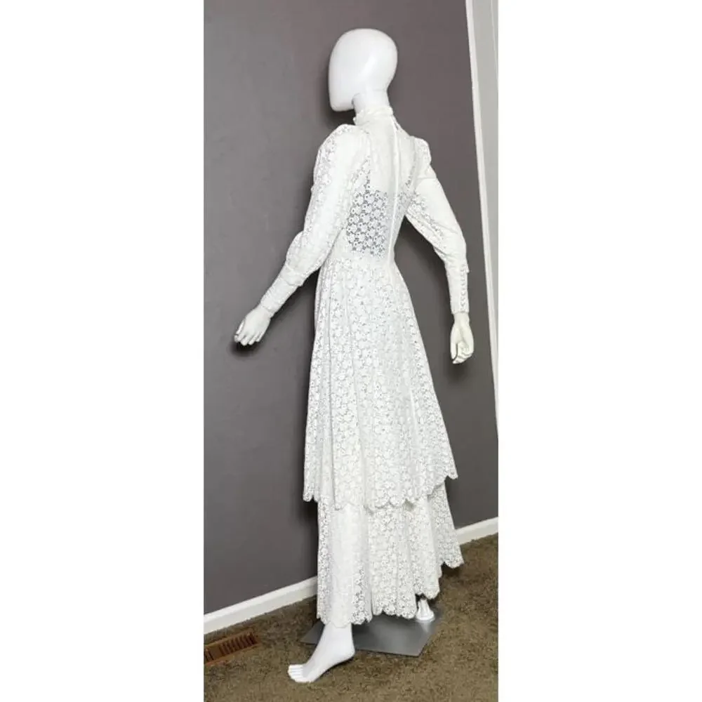 Rare 1970's White Cotton Eyelet Prairie Wedding Gown White Edwardian Style - Picture 4 of 10